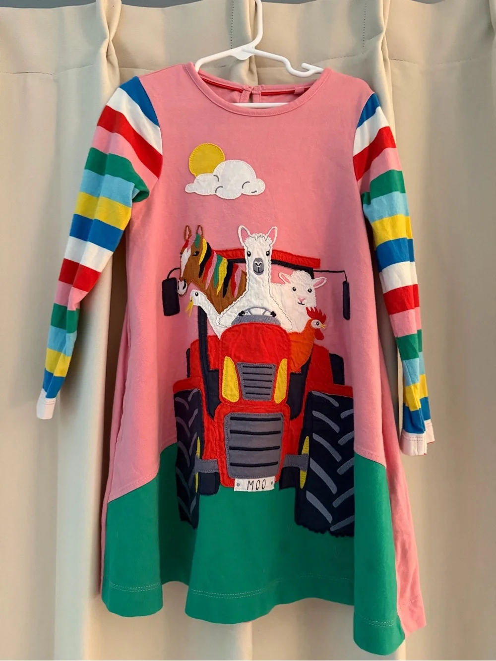 Mini Boden Girls Size 5-6 Farm Tractor Appliqué Dress Rainbow Long Sleeve